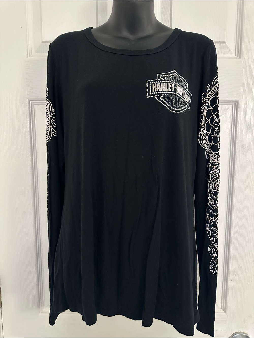 Harley-Davidson Women’s Black Long Sleeve Tee with White Sleeve Graphics